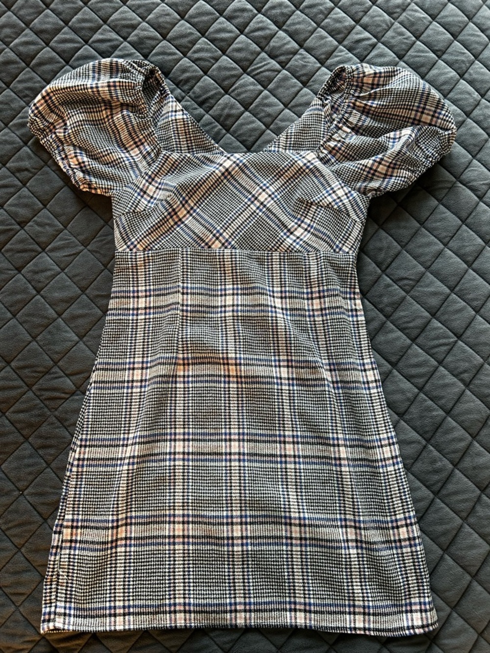 Altar’d StatePlaid Puff-Sleeve Mini Dress in Black and White